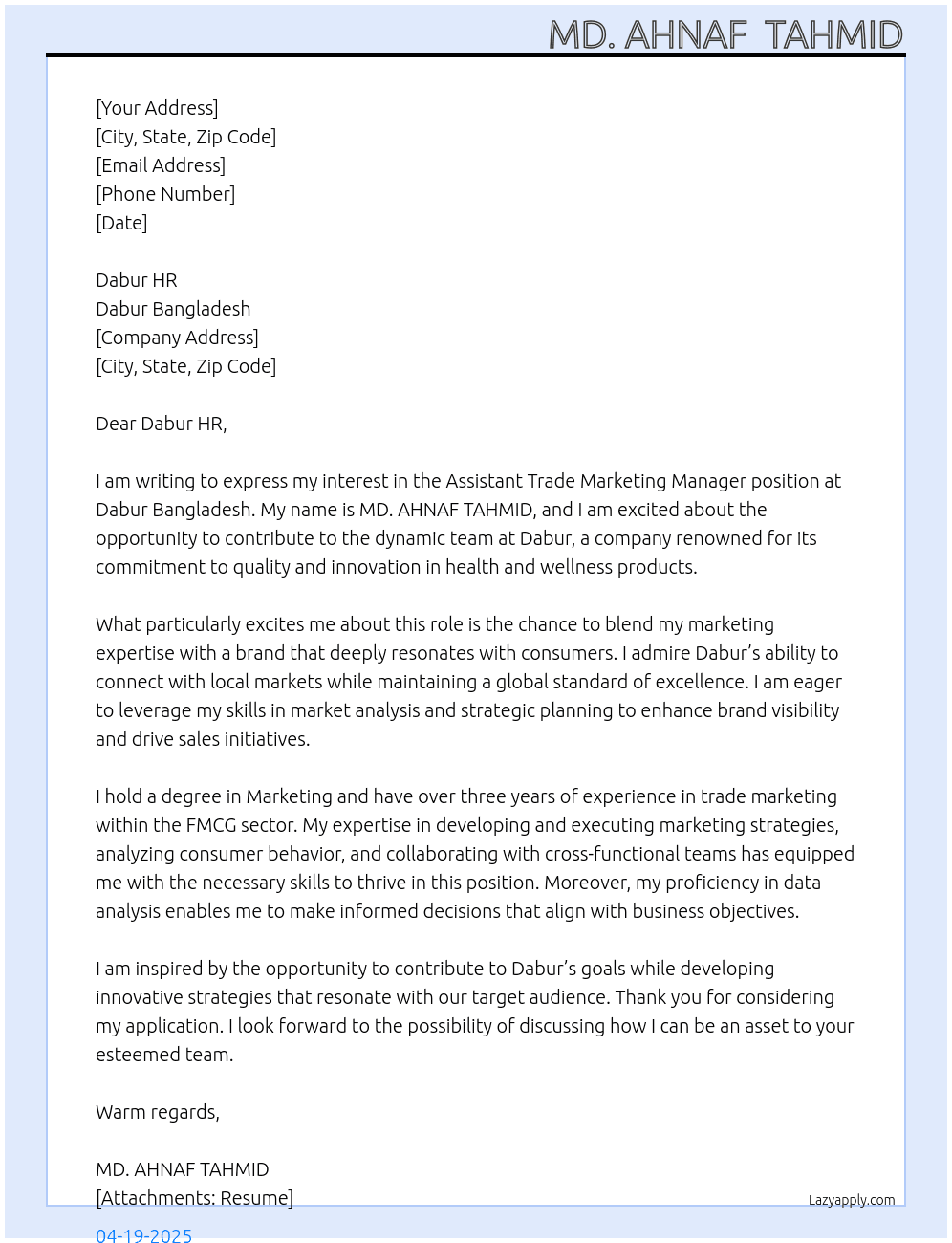 Assiatant Trade  marketing manager At Dabur Bangladesh Cover Letter
