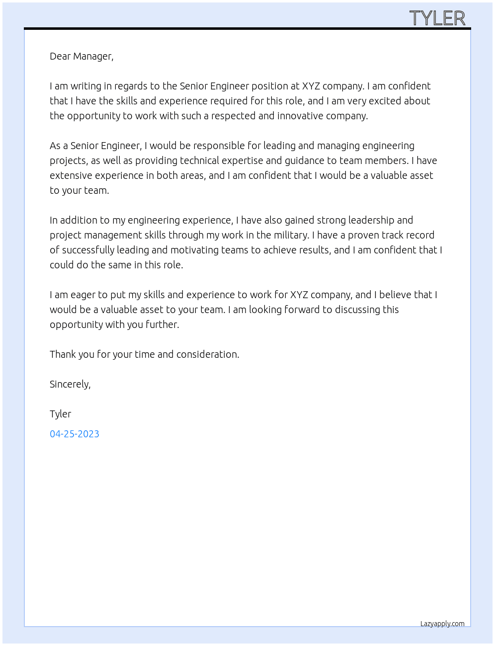 Senior engineer At Xyz Cover Letter