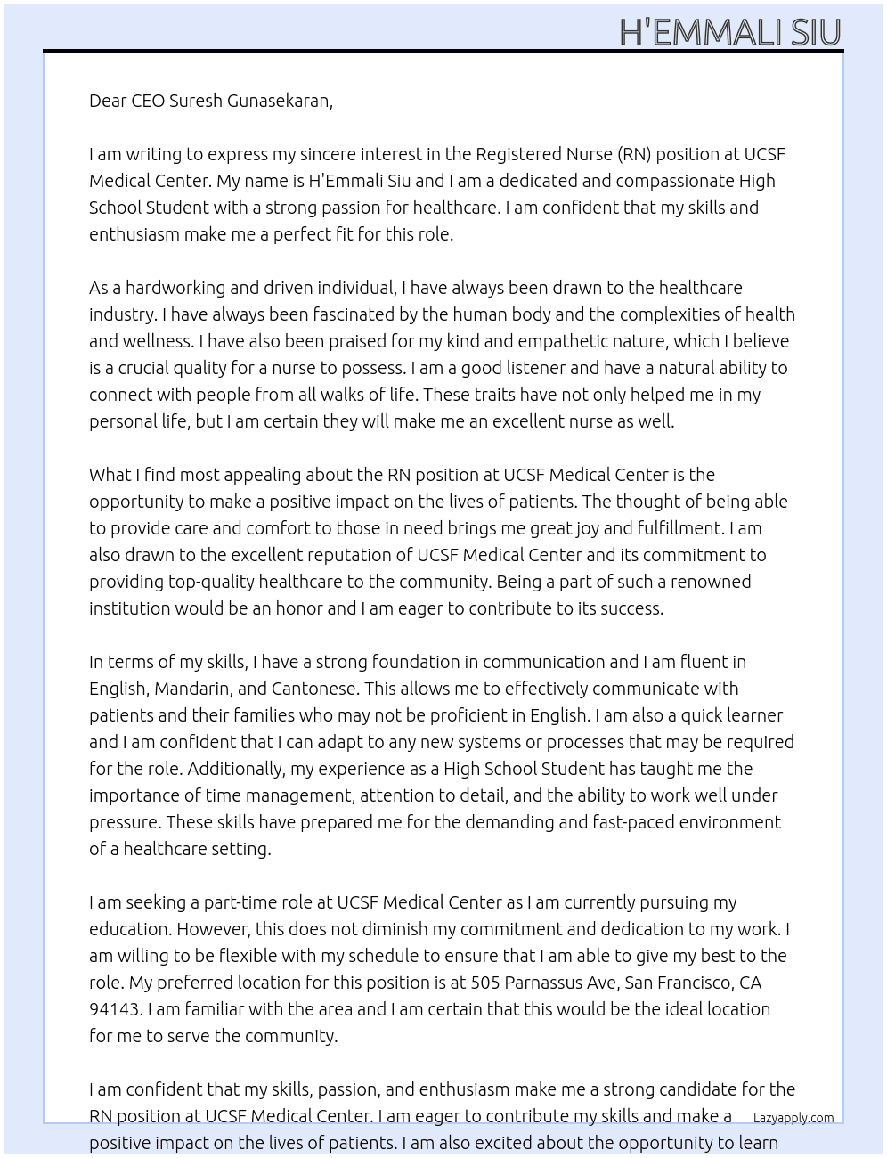 Registered Nurse (RN) At UCSF Medical Center Cover Letter
