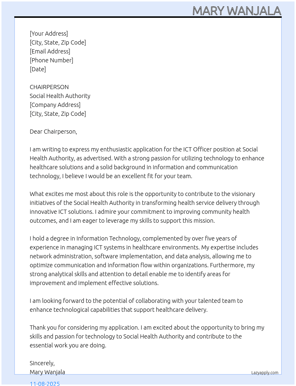ICT  OFFICER At SOCIAL HEALTH AUTHORITY Cover Letter
