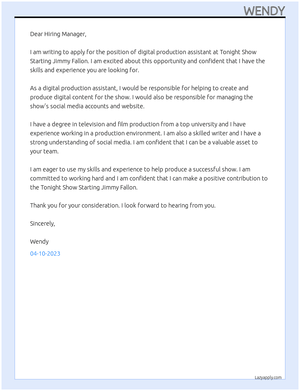 digital production assistant At Tonight Show Starting Jimmy Fallon Cover Letter
