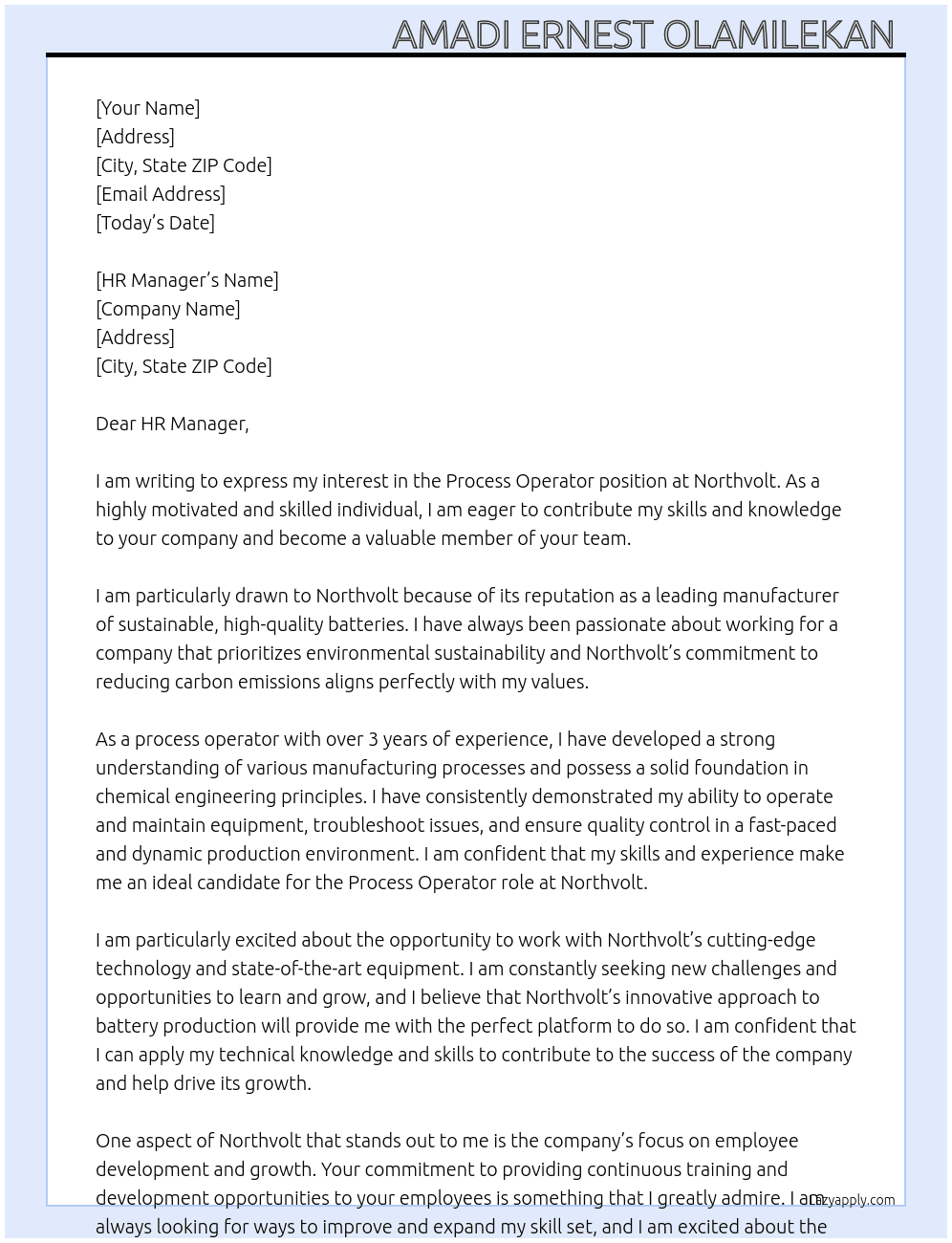 Process operator  At Northvolt  Cover Letter