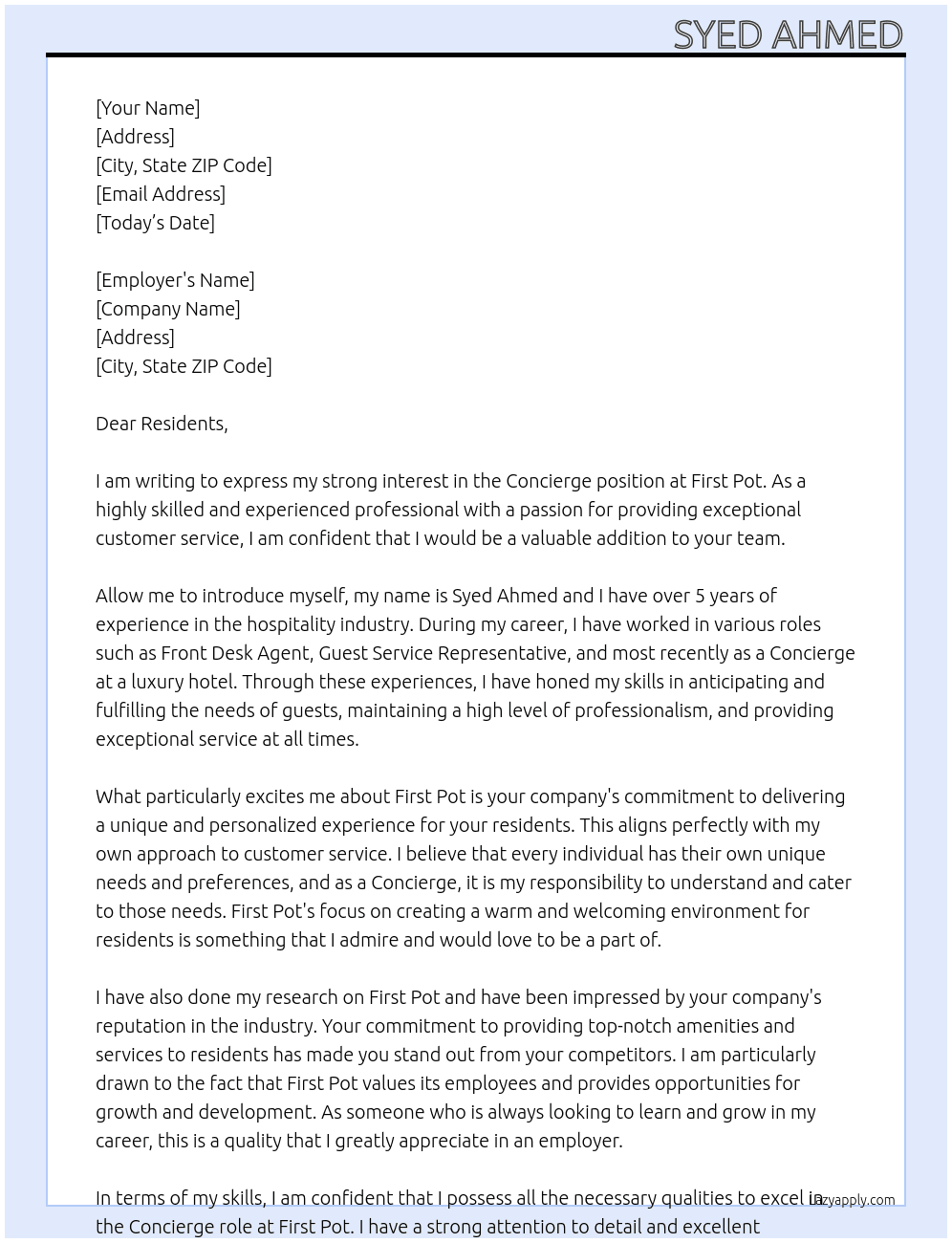 Concierge  At first pot Cover Letter