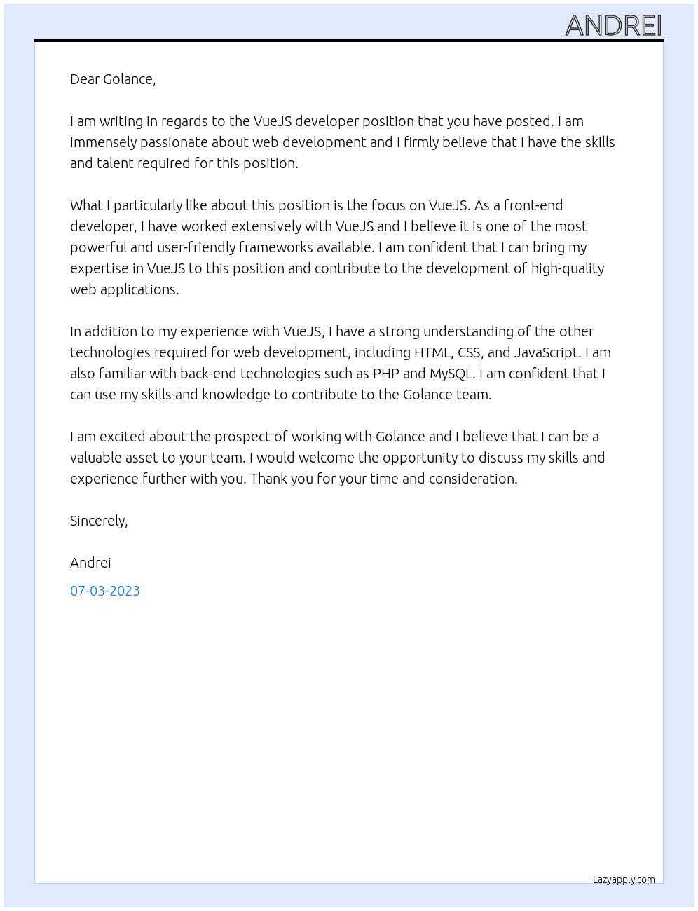 VueJS developer At Golance Cover Letter