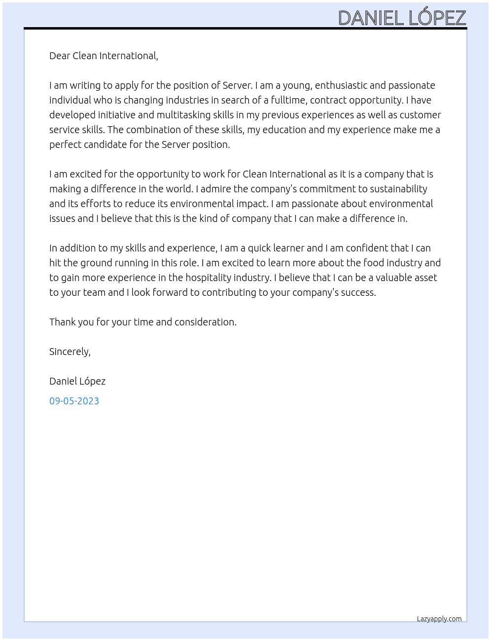 Clean international At Clean Cover Letter