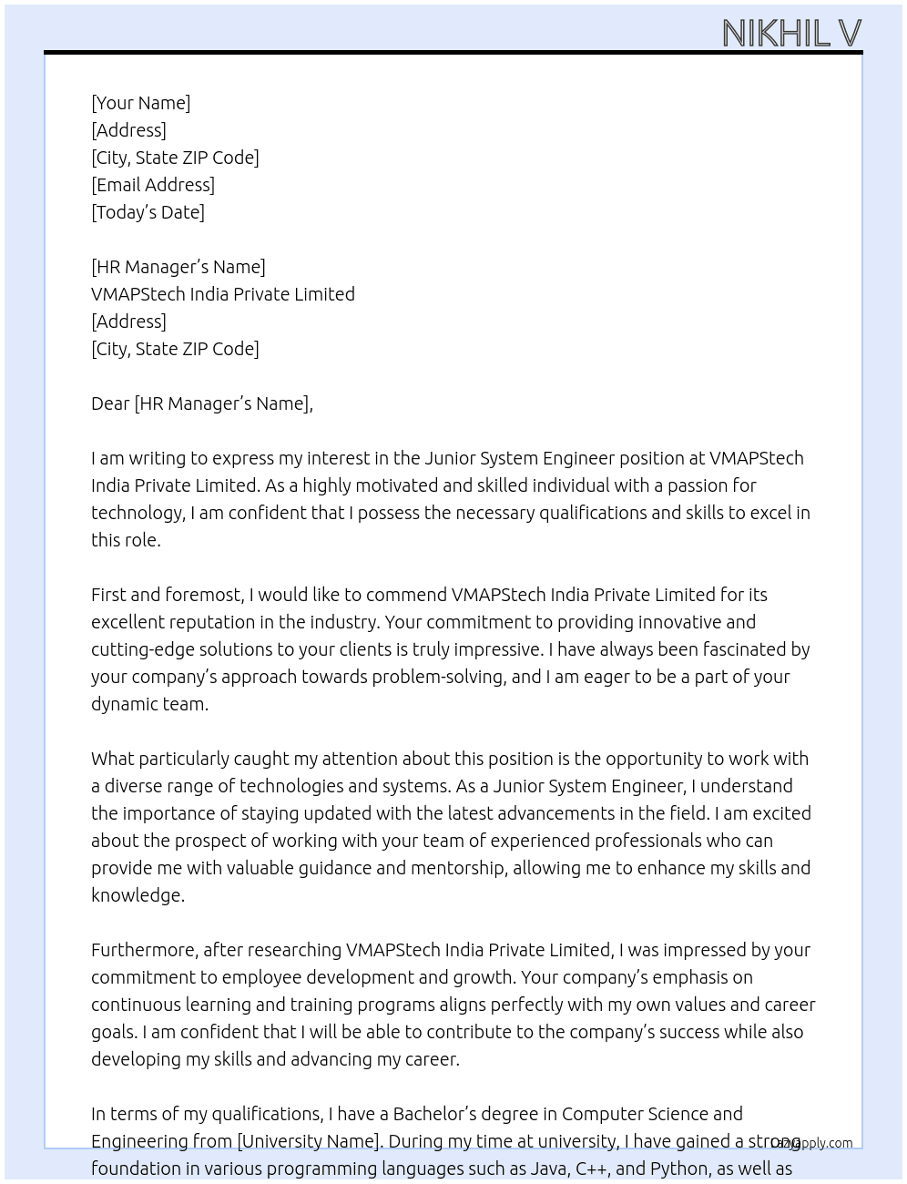 Junior system engineer  At VMAPStech India private limited  Cover Letter