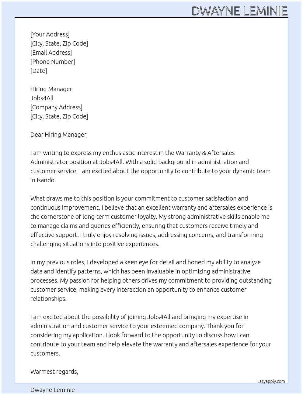 Warranty & Aftersales Administrator At jobs4all Cover Letter