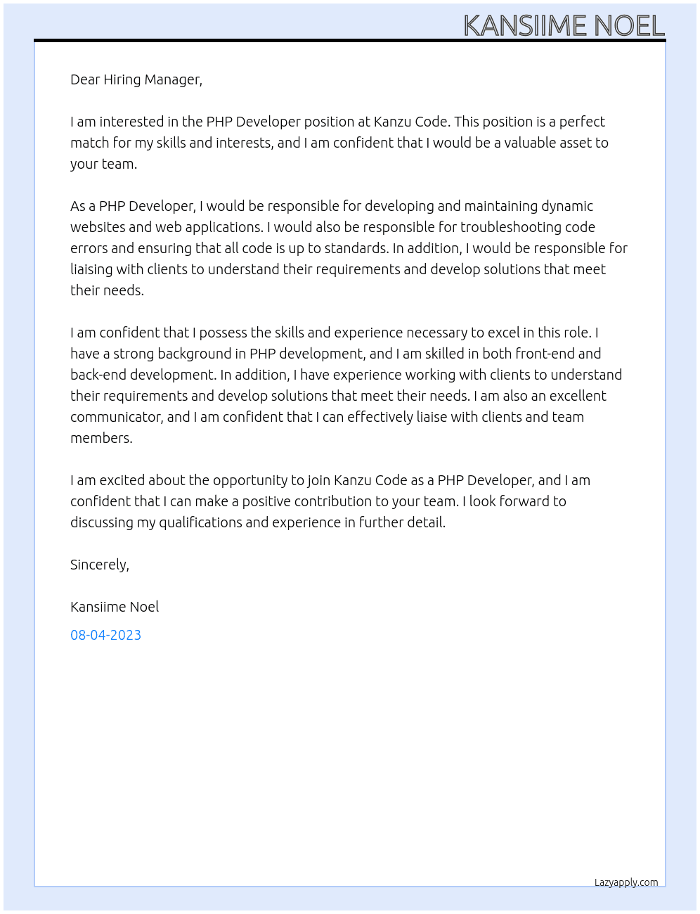 PHP Developer At Kanzu Code Cover Letter