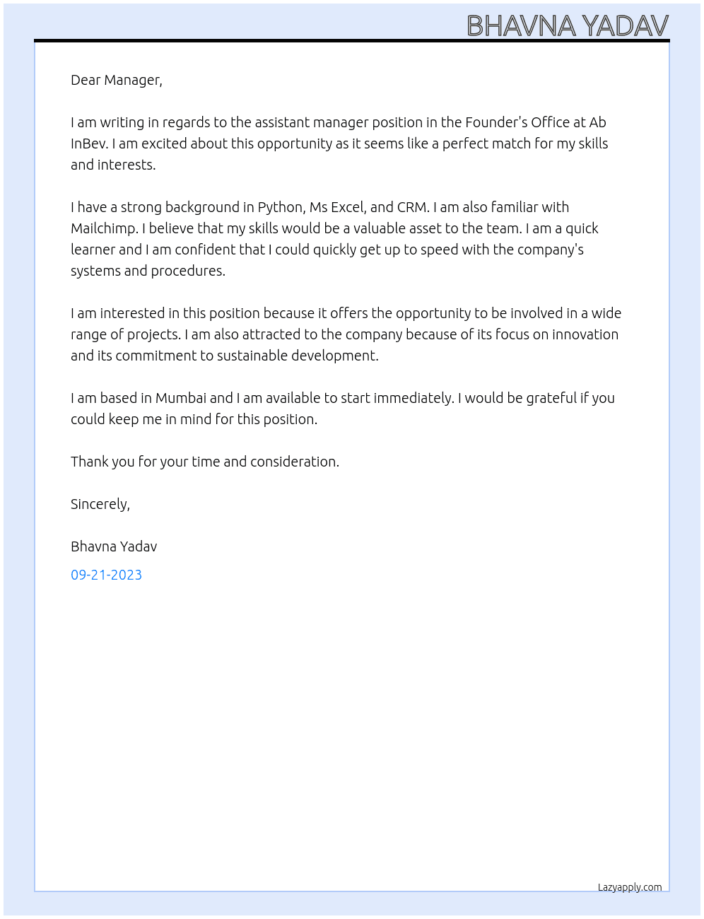 Assistant Manager - Founder's Office At Ab InBev Cover Letter