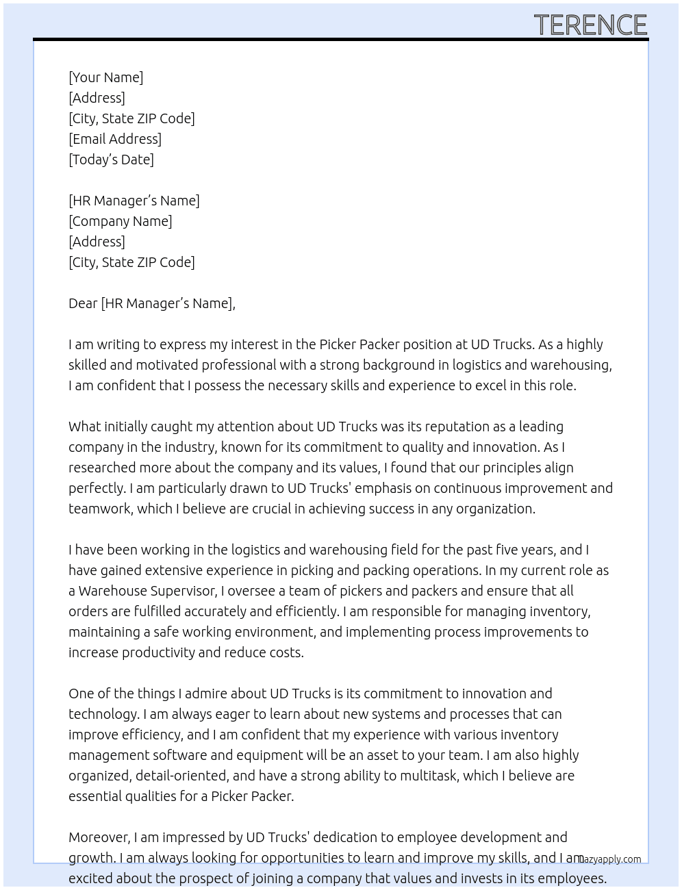 Picker packer At UD Trucks  Cover Letter