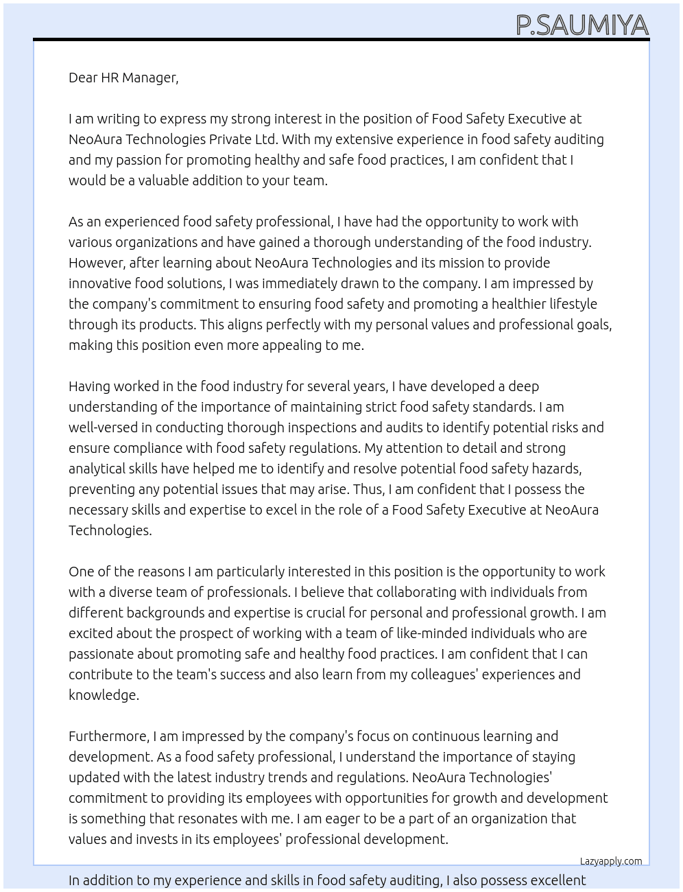 Food Safety Executive At NeoAura Technologies Private Ltd Cover Letter