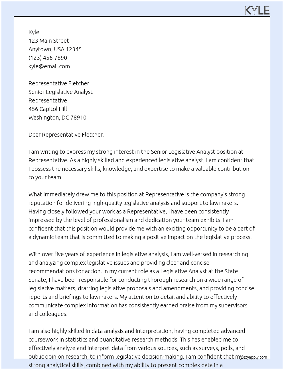 Senior Legislative Analyst At Representative Cover Letter
