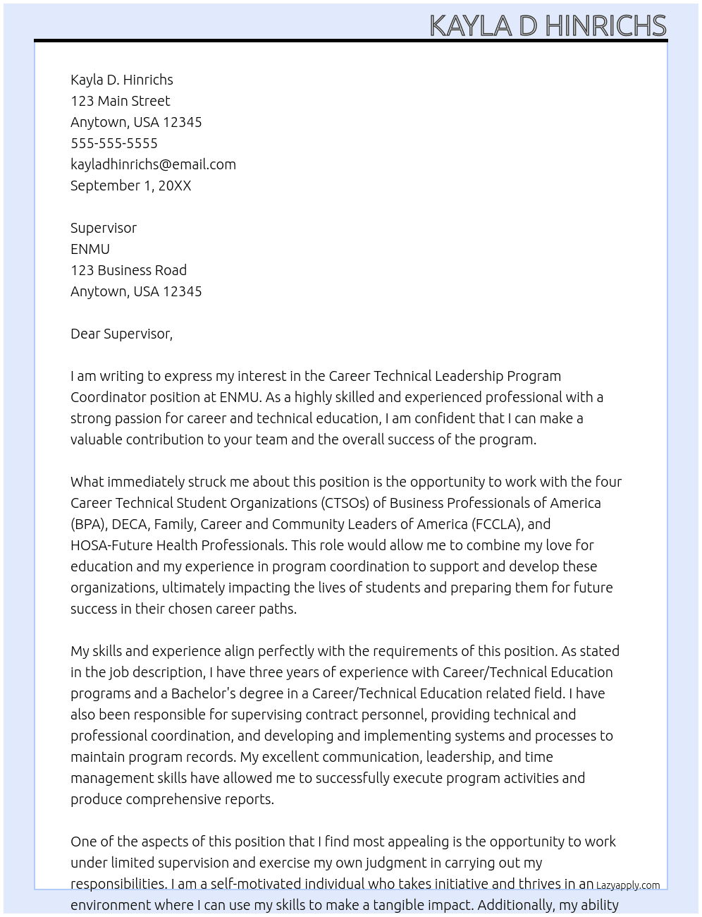 Career Technical Leadership Program Coordinator At ENMU Cover Letter
