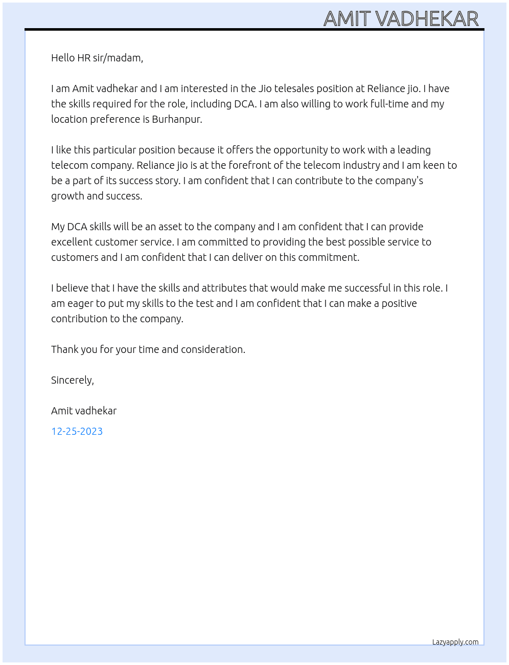 Jio telesales At Reliance jio Cover Letter
