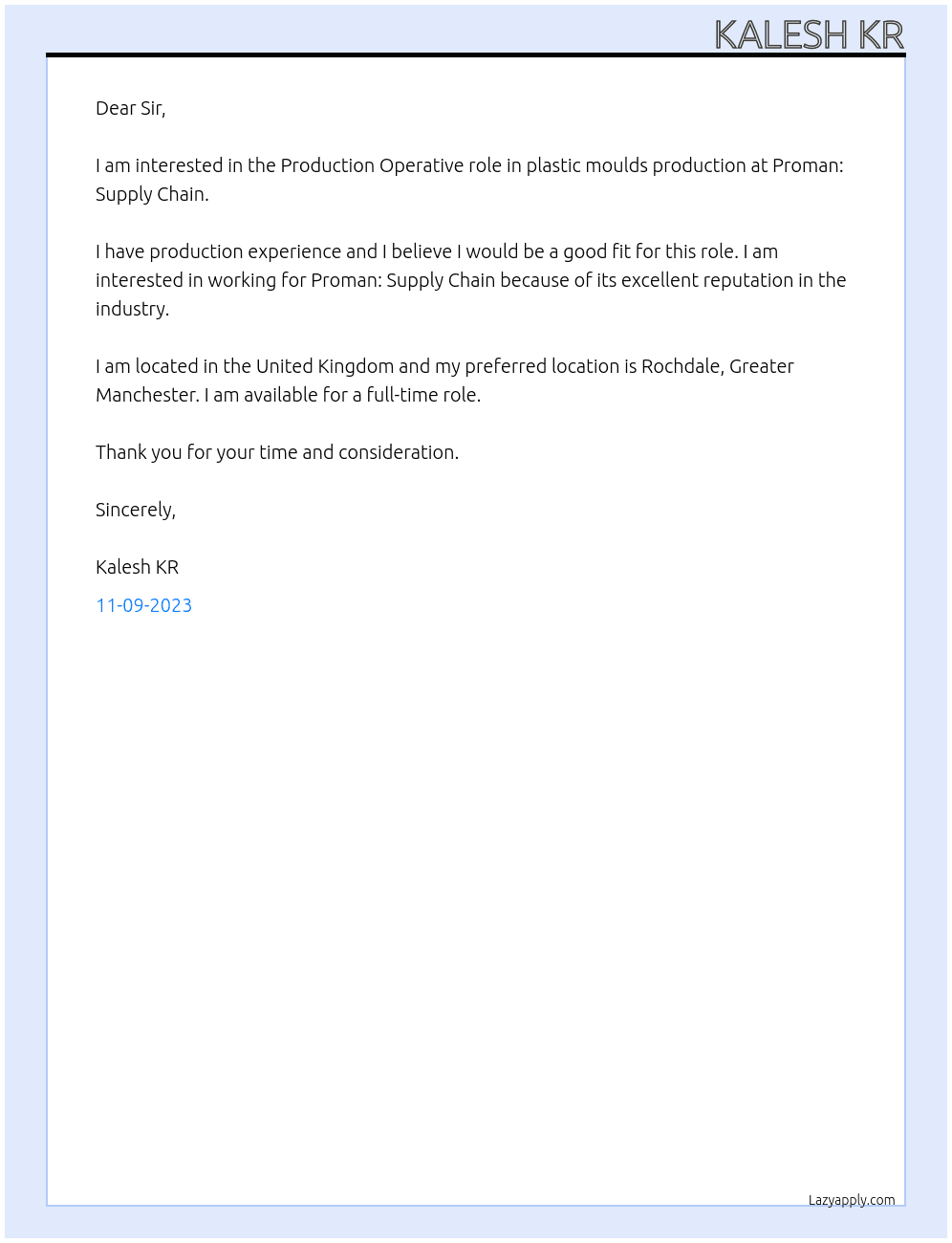 Production Operatives in  plastic moulds production At Proman : Supply Chain Cover Letter