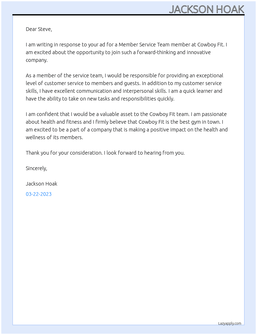 Member Service Team At Cowboy Fit Cover Letter