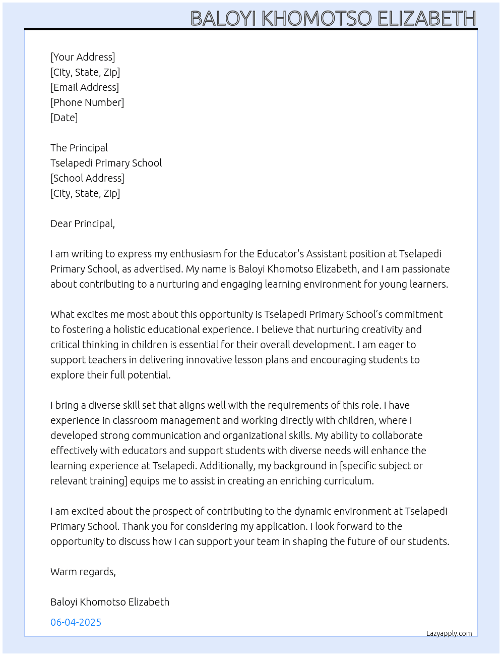 educator's assisstance At Tselapedi Primary School Cover Letter