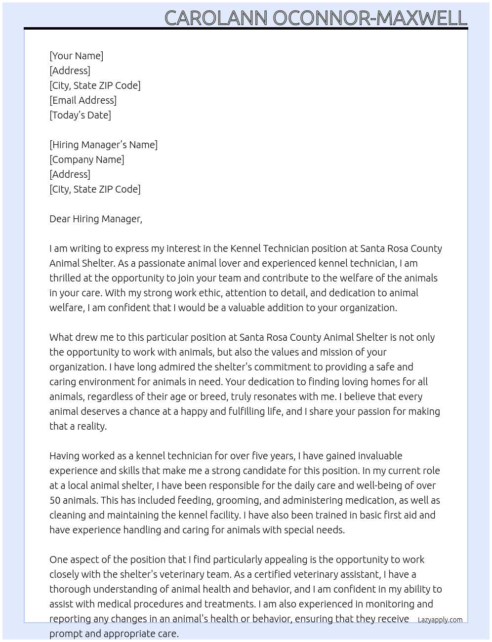 Kennel Technician  At Santa Rosa County Animal Shelter  Cover Letter