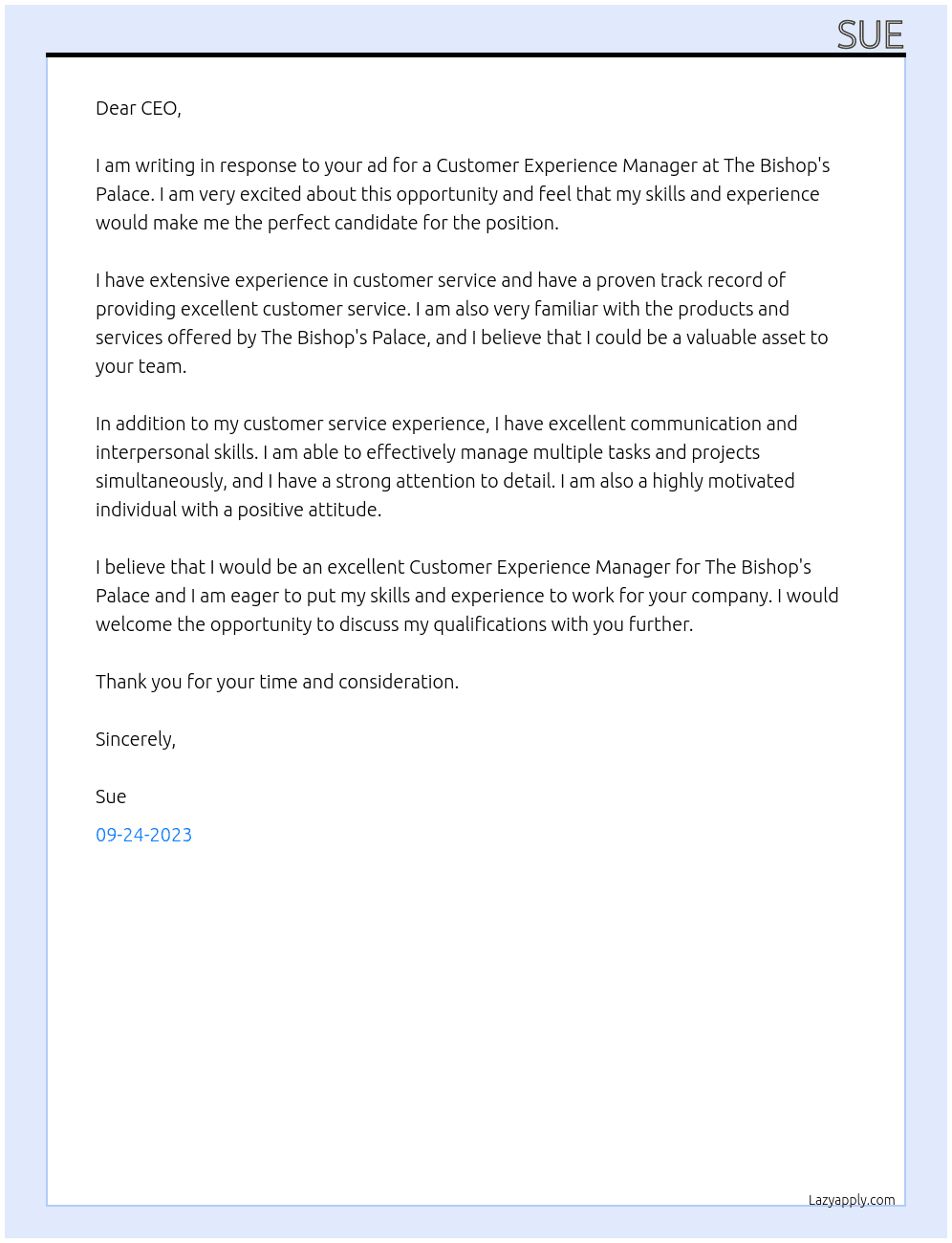 Customer experience manager At The Bishop's Palace Cover Letter