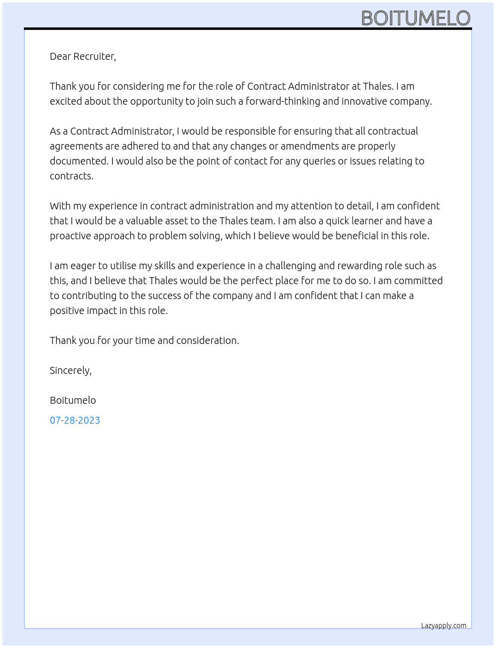 Contract Administrator At Thales Cover Letter