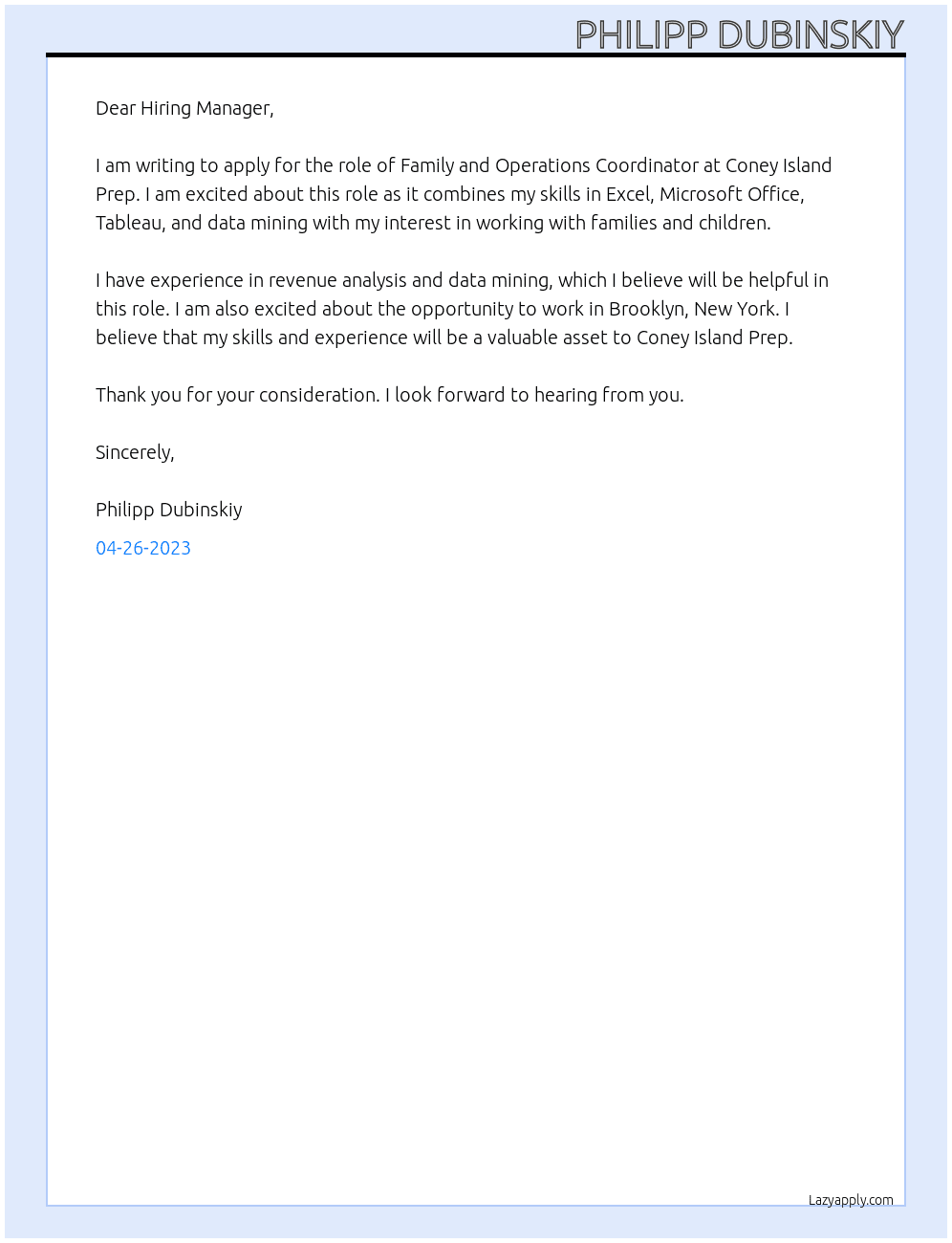 Family and Operations Coordinator At Coney Island Prep Cover Letter