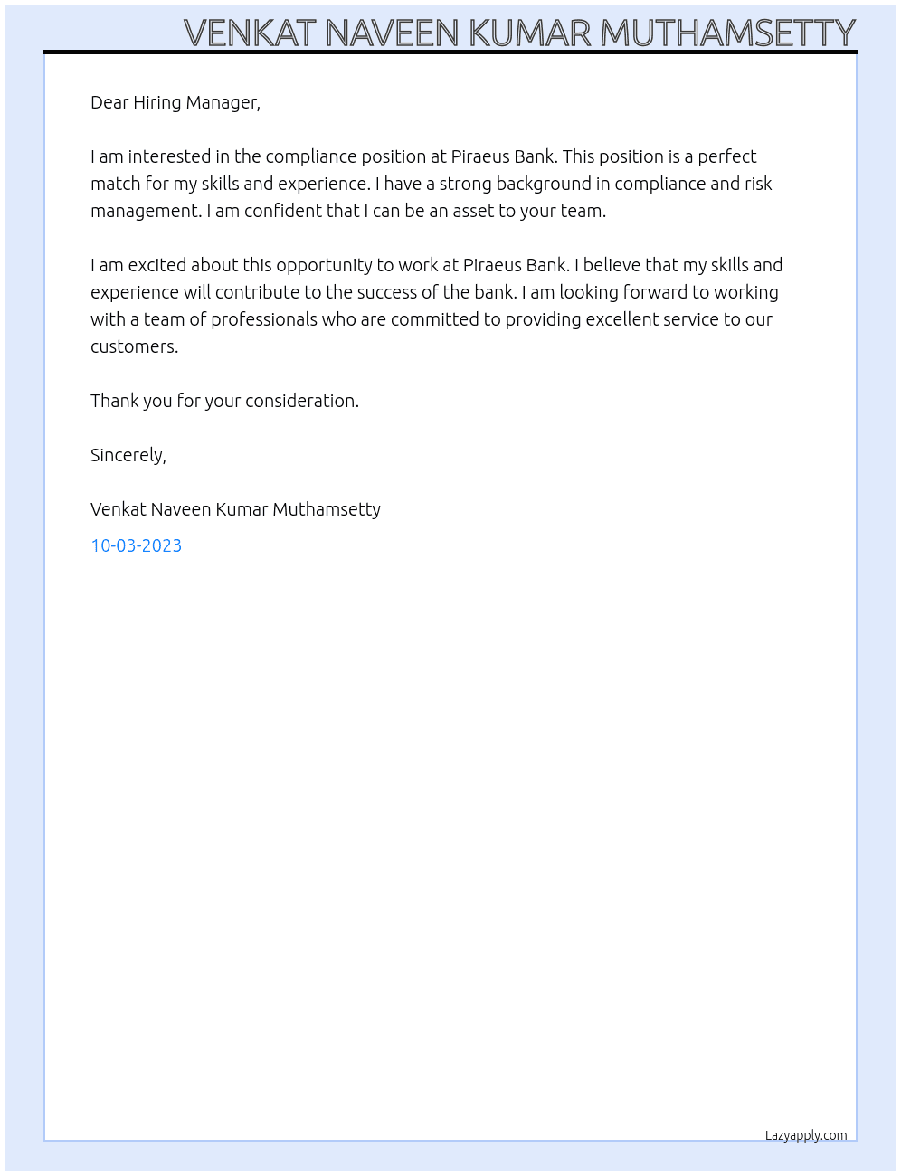 compliance  At Piraeus Bank Cover Letter