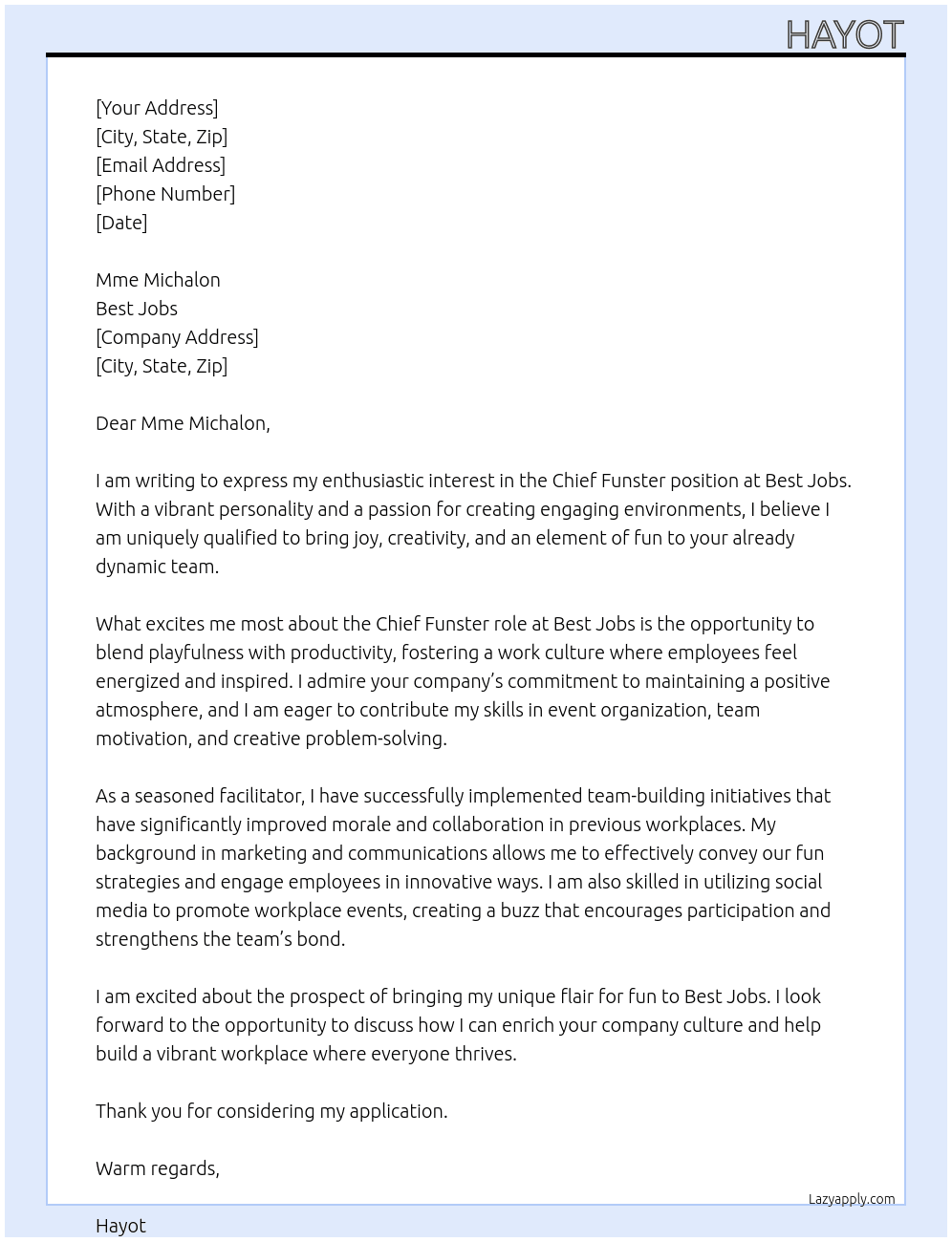 chief funster At best jobs Cover Letter