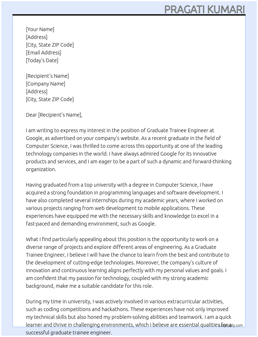 Graduate Trainee Engineer At Google Cover Letter