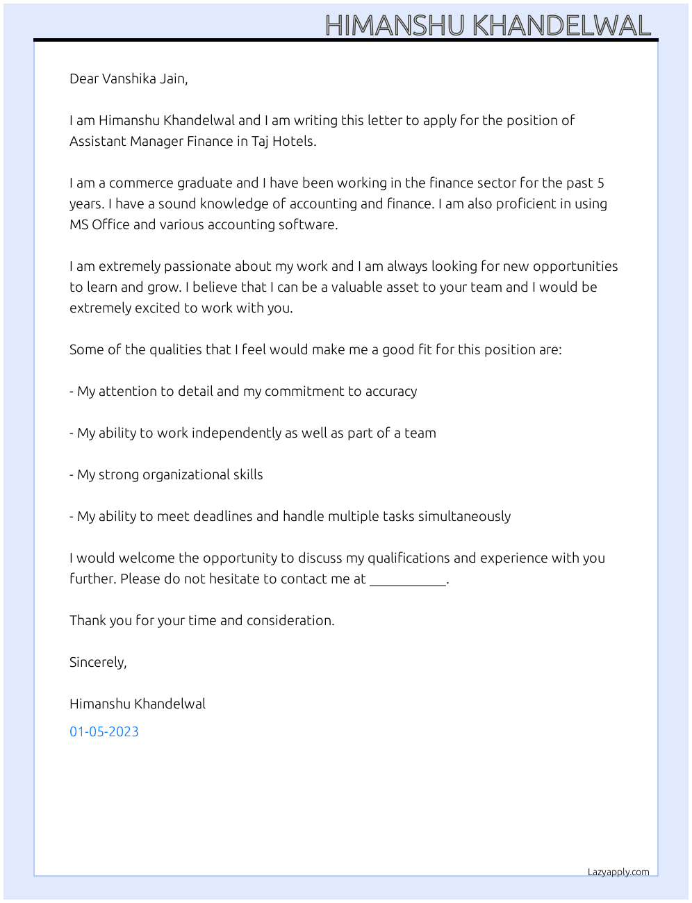 Assistant manager finance  At Taj hotels Cover Letter