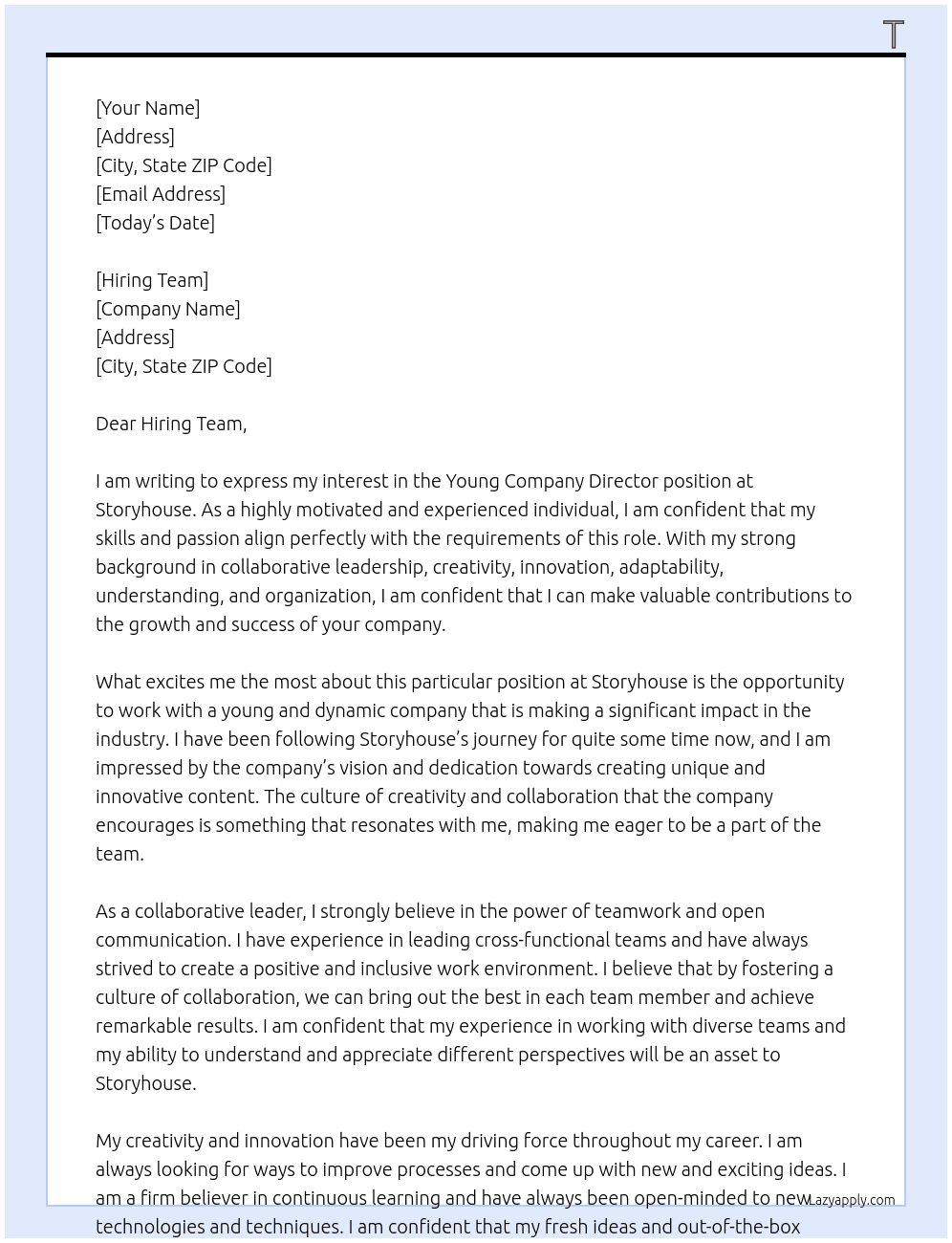 Young Company director At Storyhouse Cover Letter