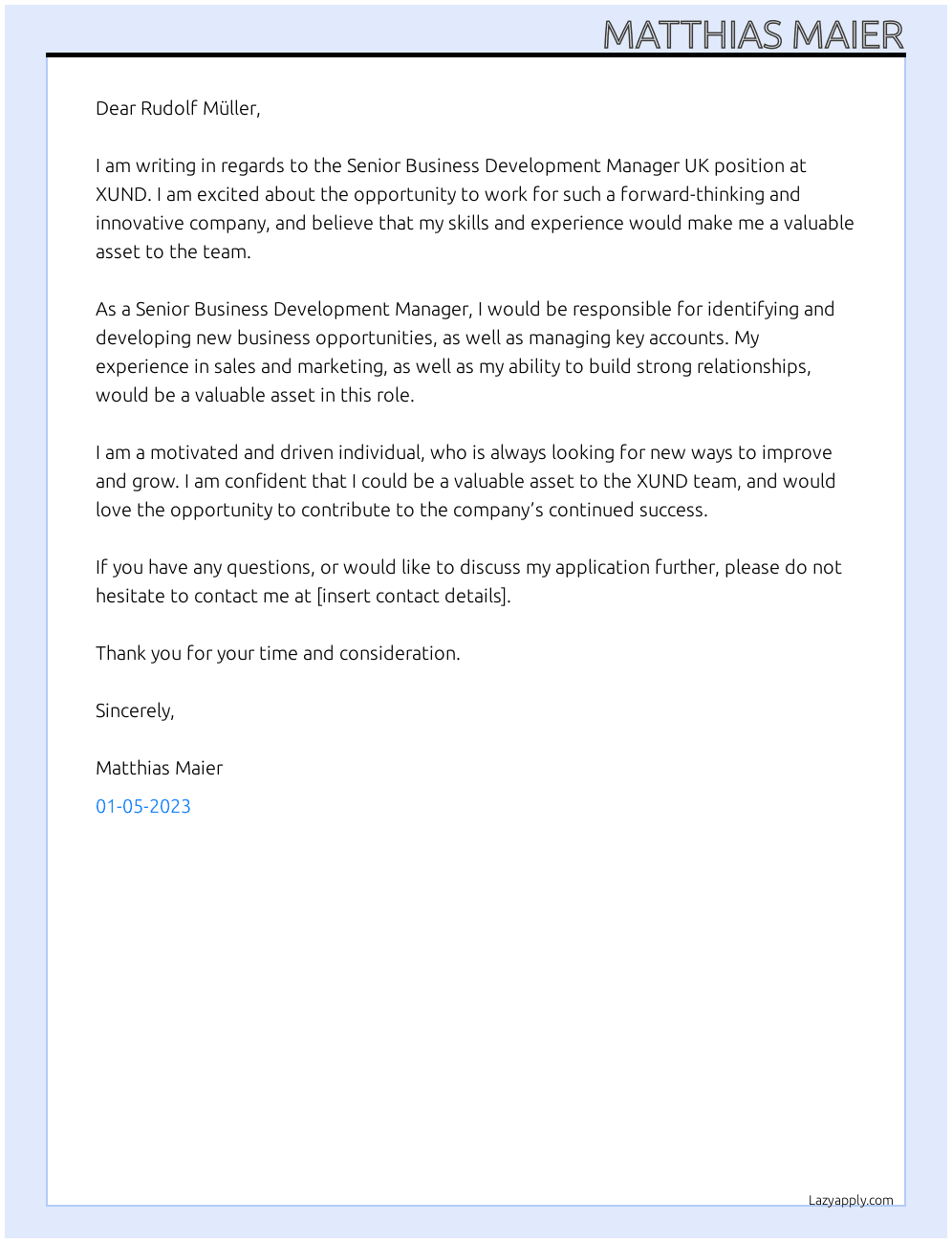 Senior Business Development Manager UK At XUND Cover Letter
