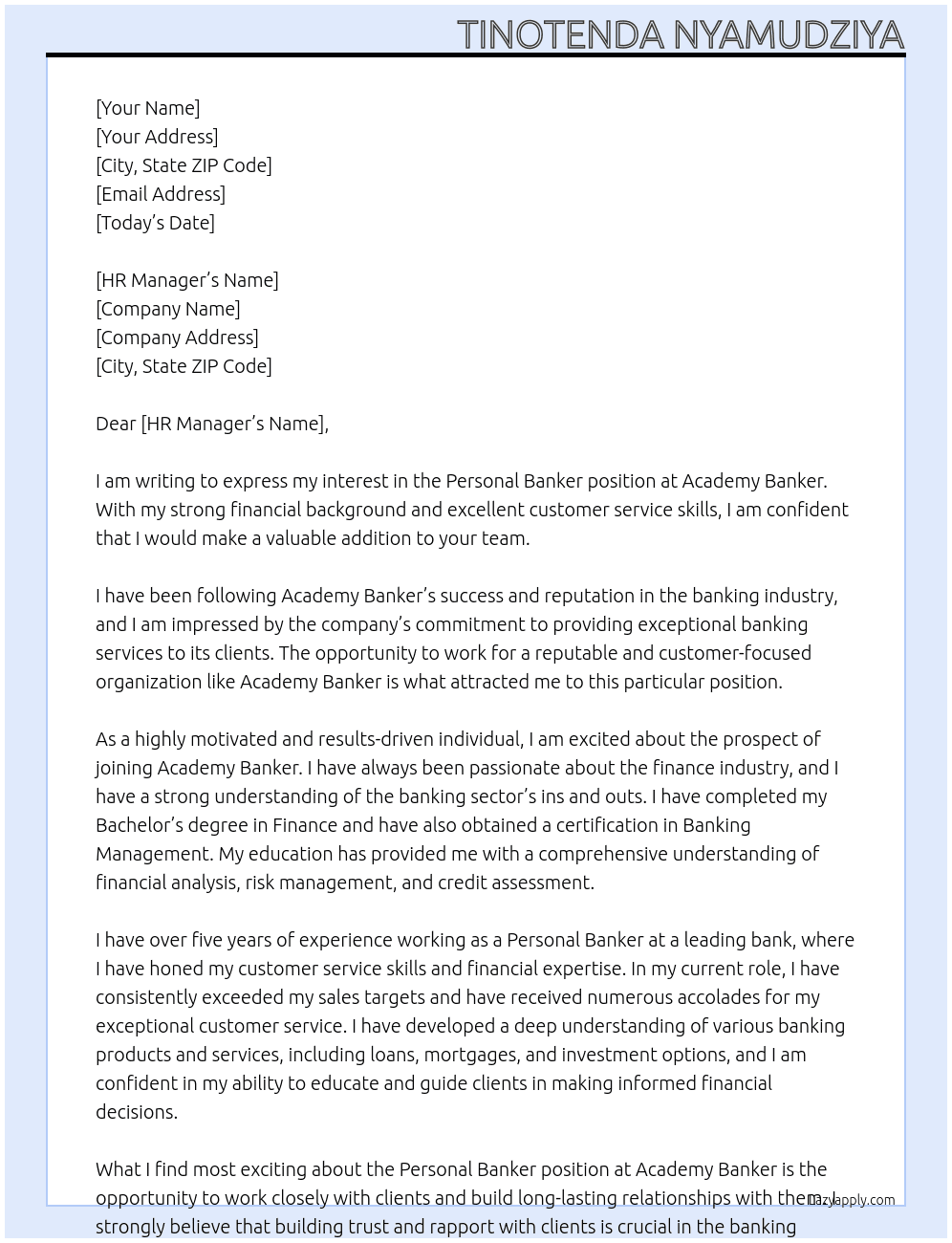 Personal Banker At Academy Banker Cover Letter