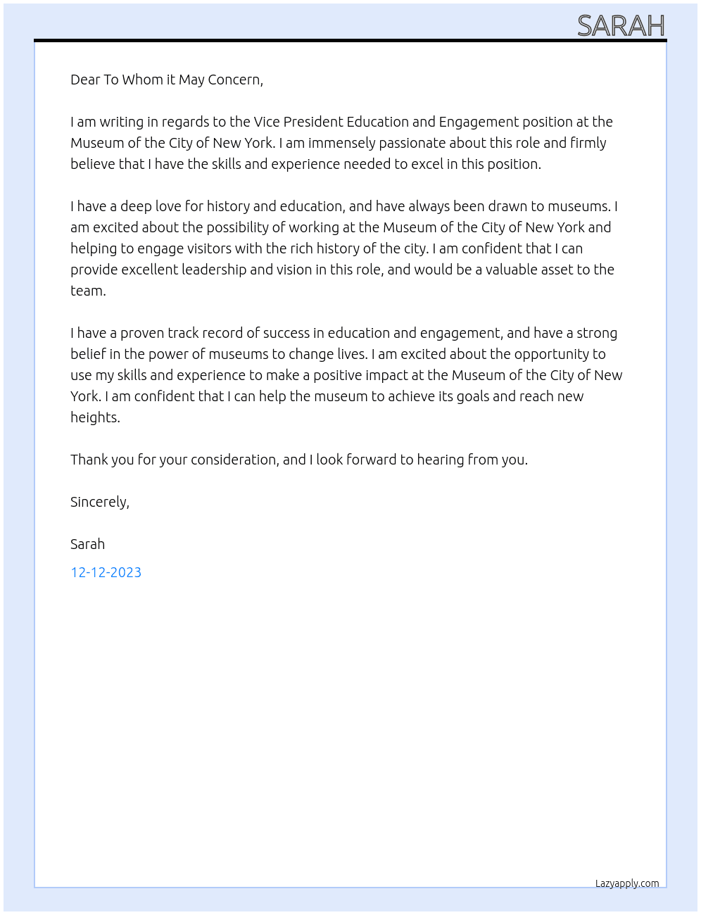 Vice President Education and Engagement At Museum of the City of New York Cover Letter
