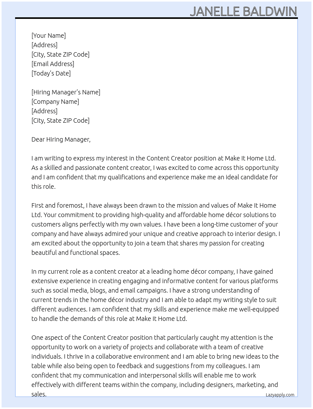 Content Creator At Make It Home Ltd. Cover Letter