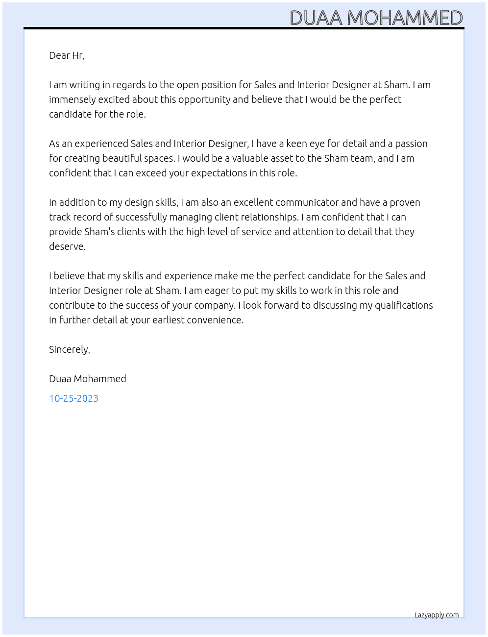 Sales and interior designer At Sham  Cover Letter