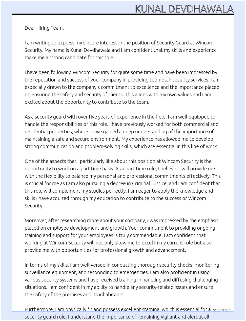 Security Guard At Wincom Security Cover Letter