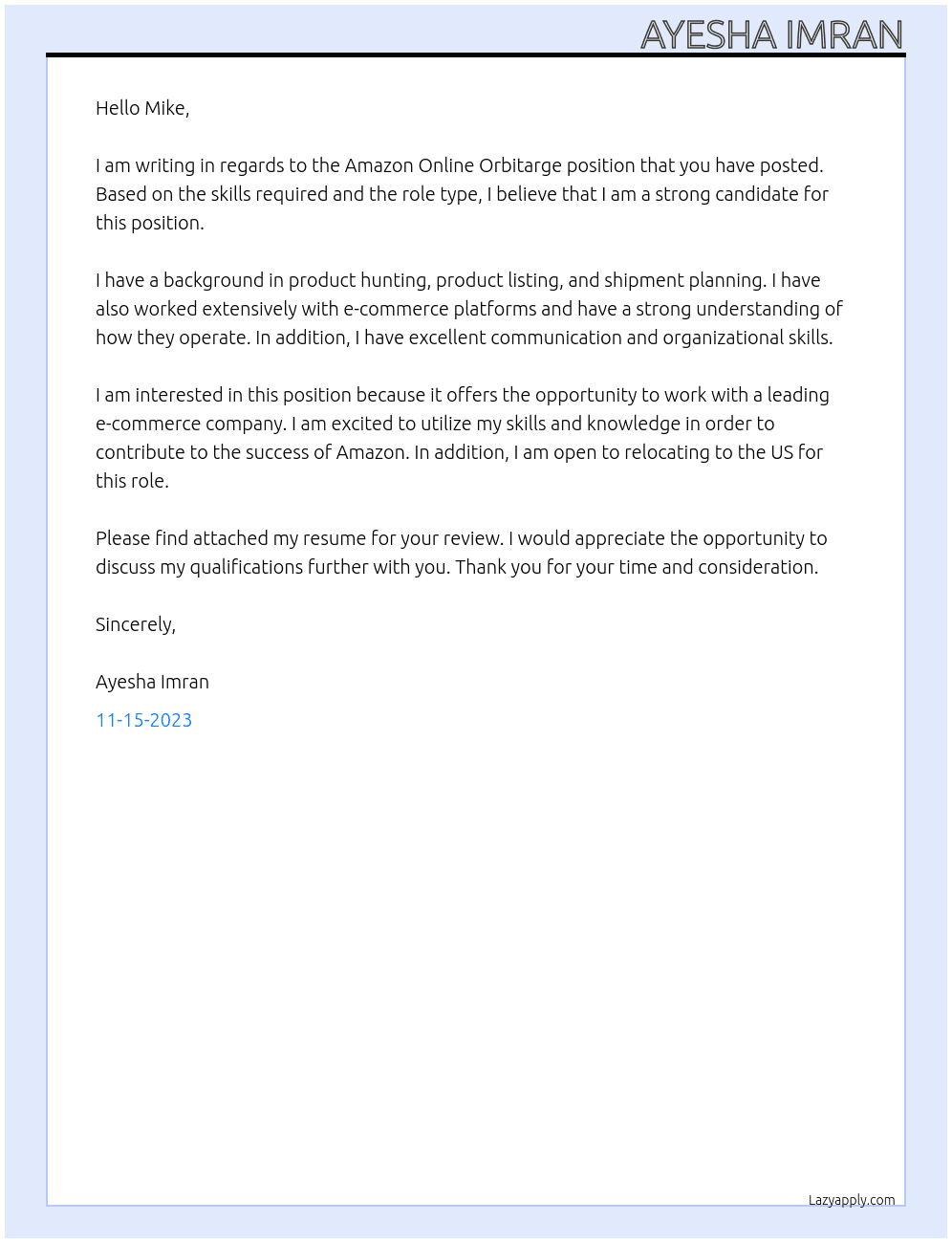amazon online orbitarge At mike Cover Letter