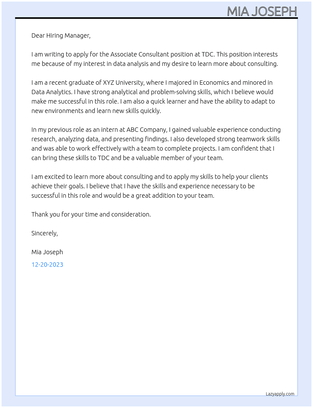 Associate Consultant At TDC Cover Letter