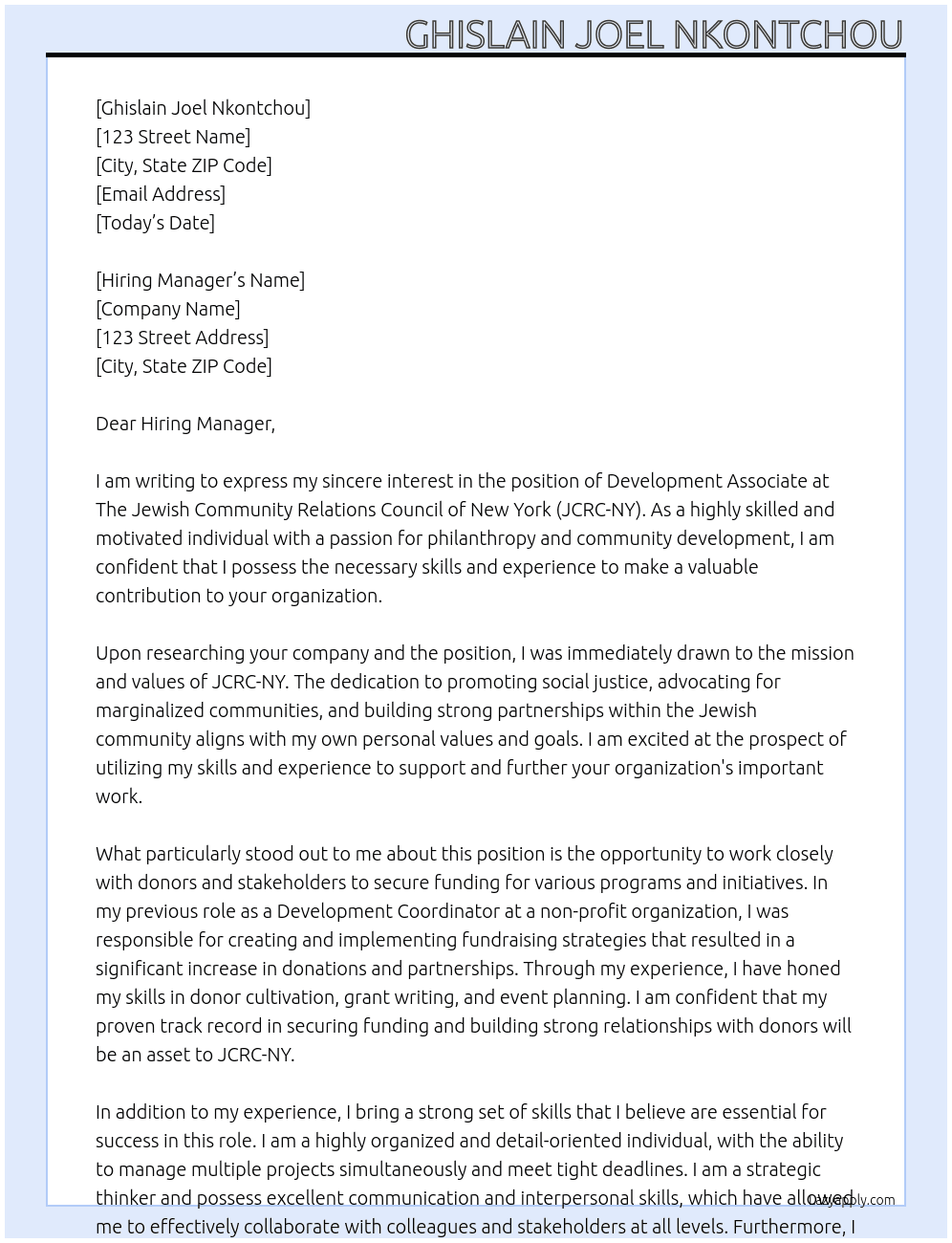 Development Associate At The Jewish Community Relations Council of New York (JCRC-NY) Cover Letter