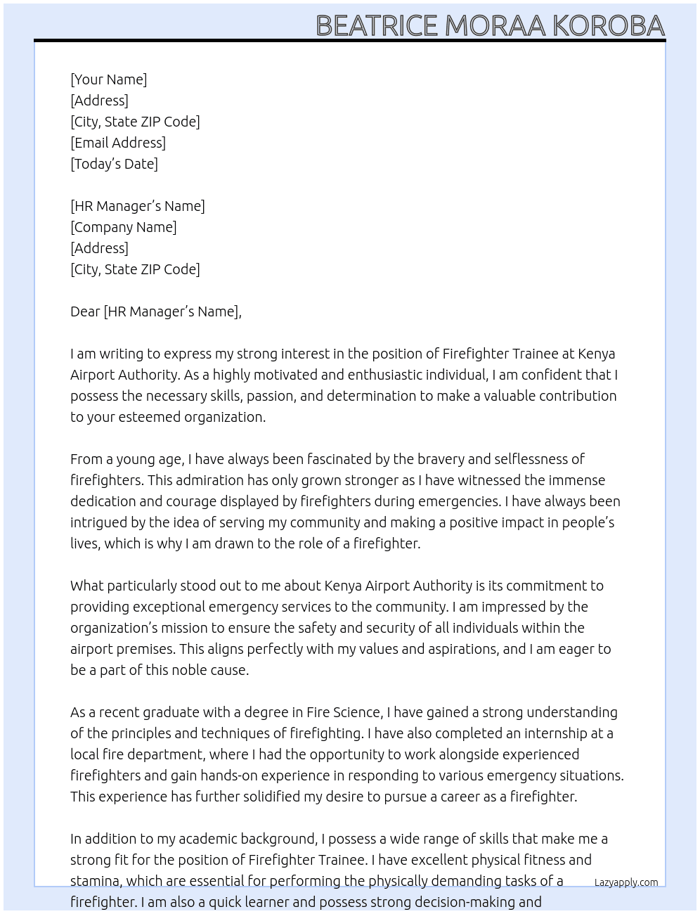 Firefighter Trainee At Kenya Airport Authority Cover Letter