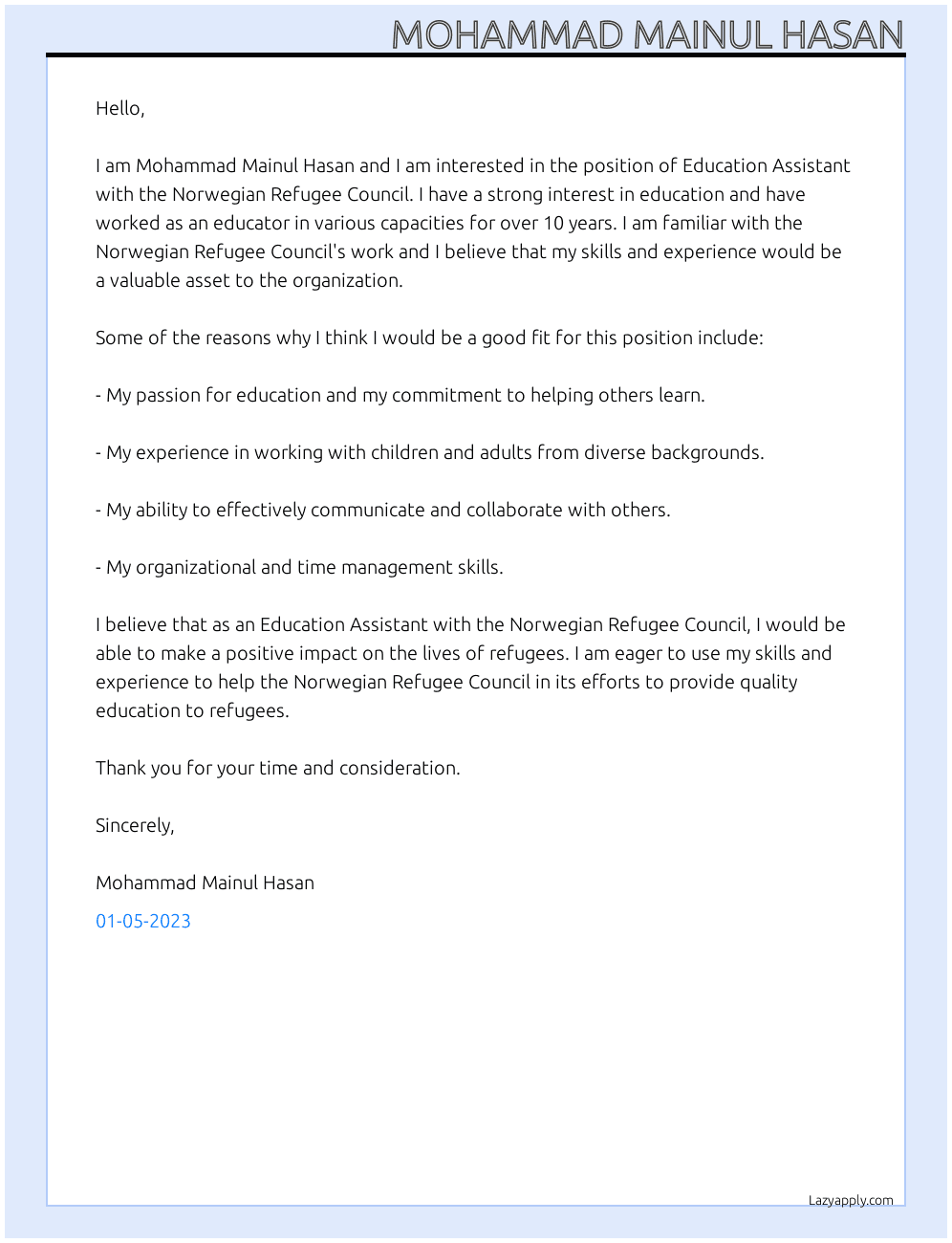 Education Assistant At The Norwegian Refugee Council Cover Letter