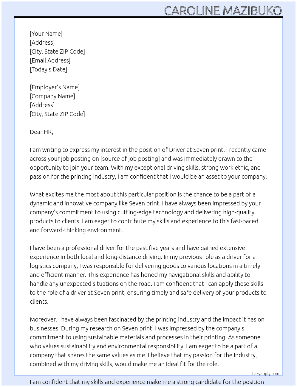 Driver At Seven print Cover Letter