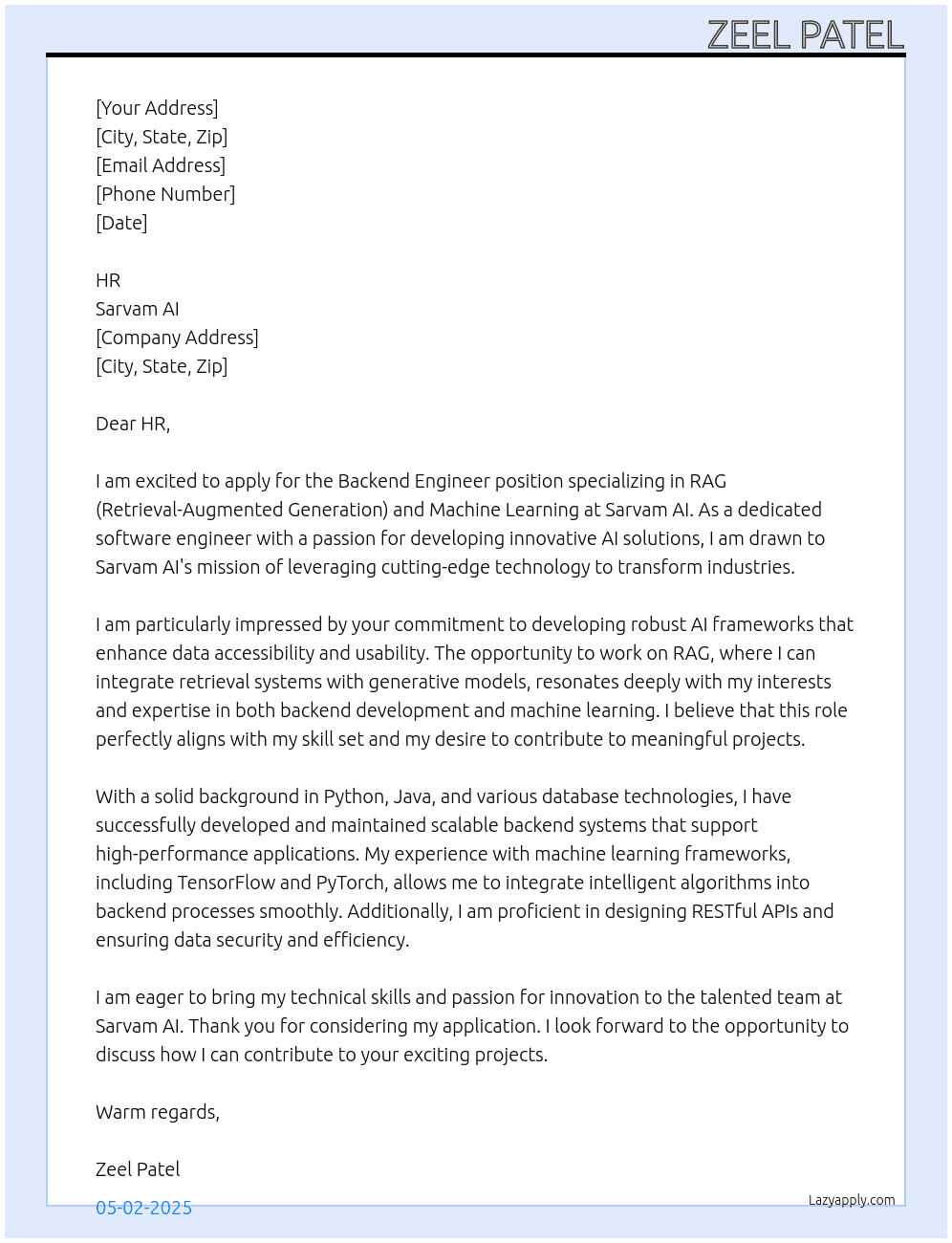 Cover letter for backend engineer - rag & ml specialisation - LazyApply
