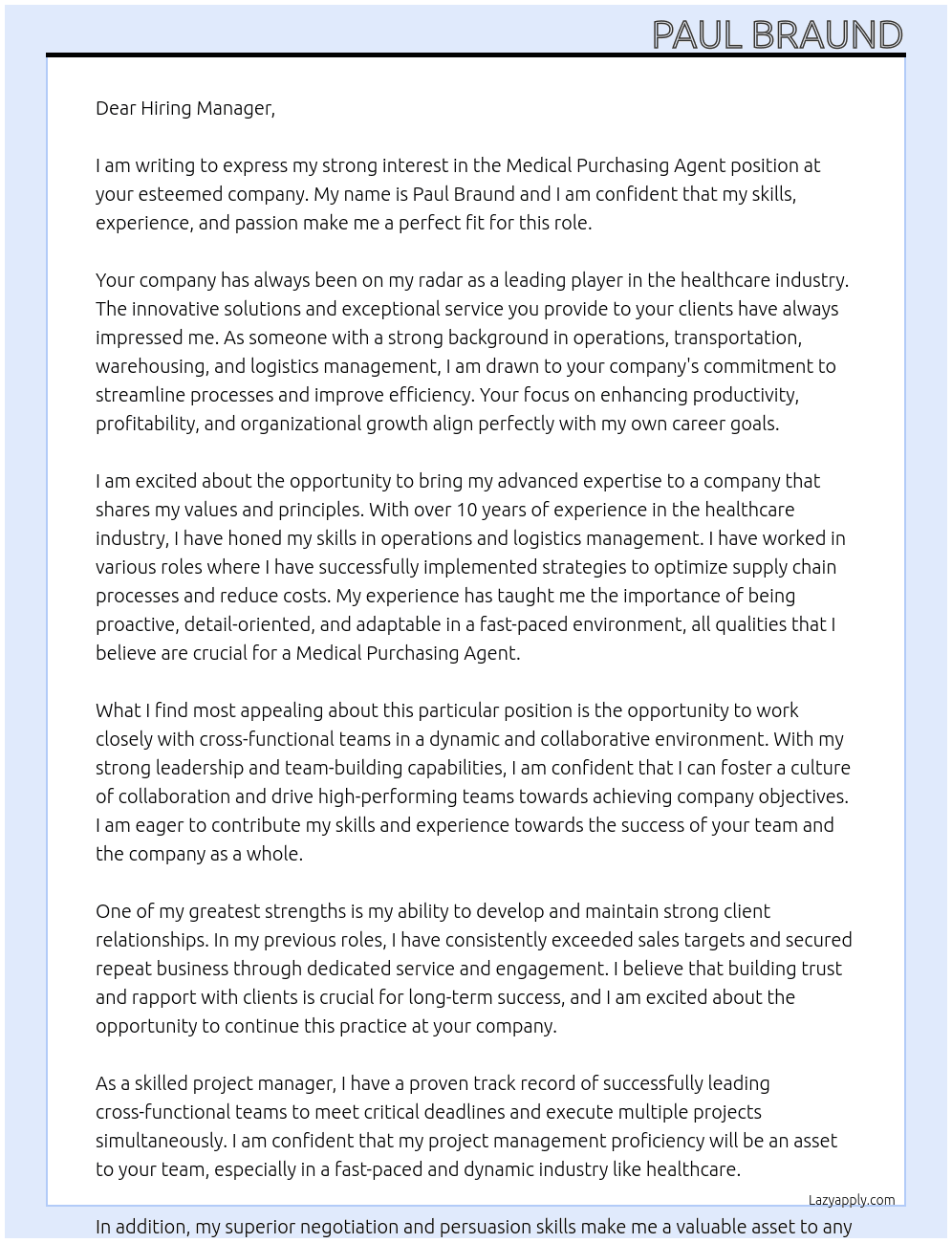Cover letter for medical purchasing agent - LazyApply