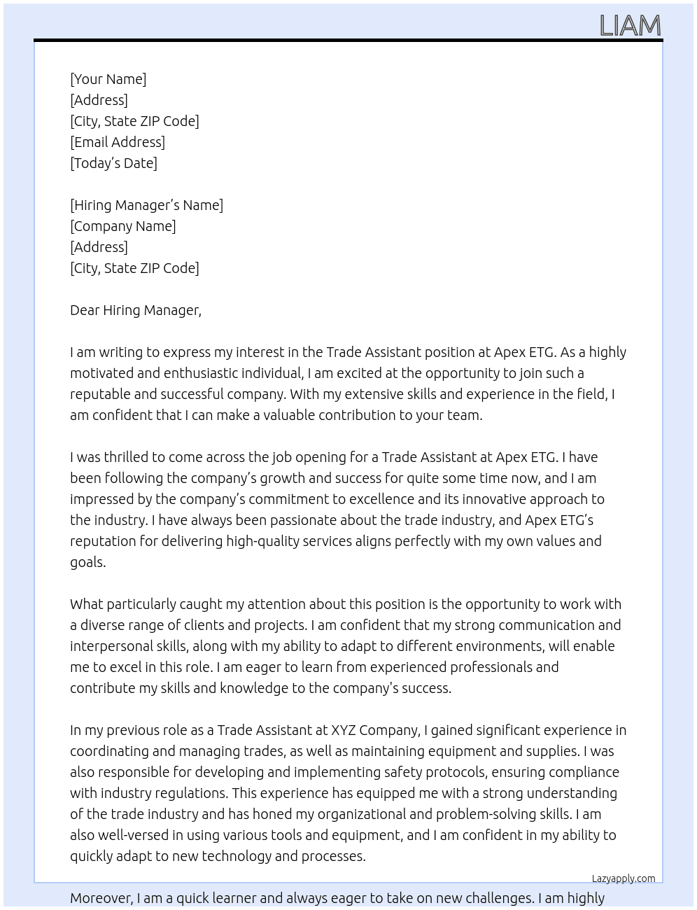 Trade Assistant At Apex ETG Cover Letter