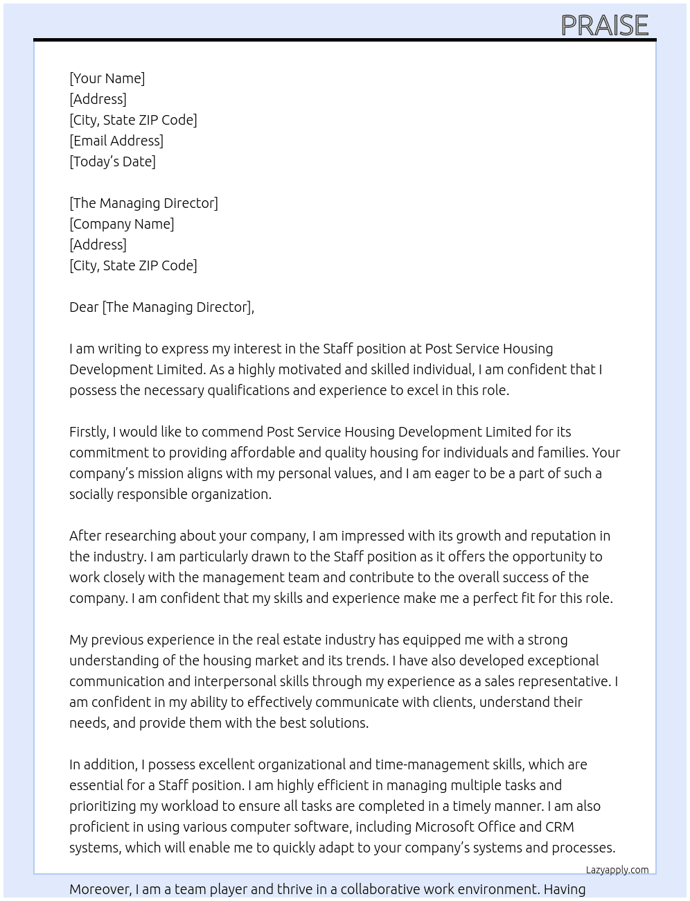 Staff At Post service housing development limited  Cover Letter