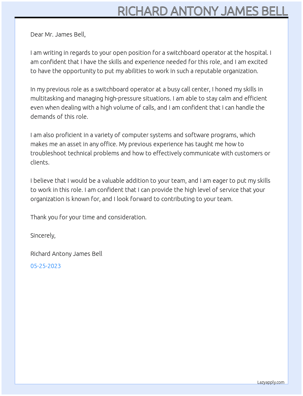 switchboard At hospital Cover Letter