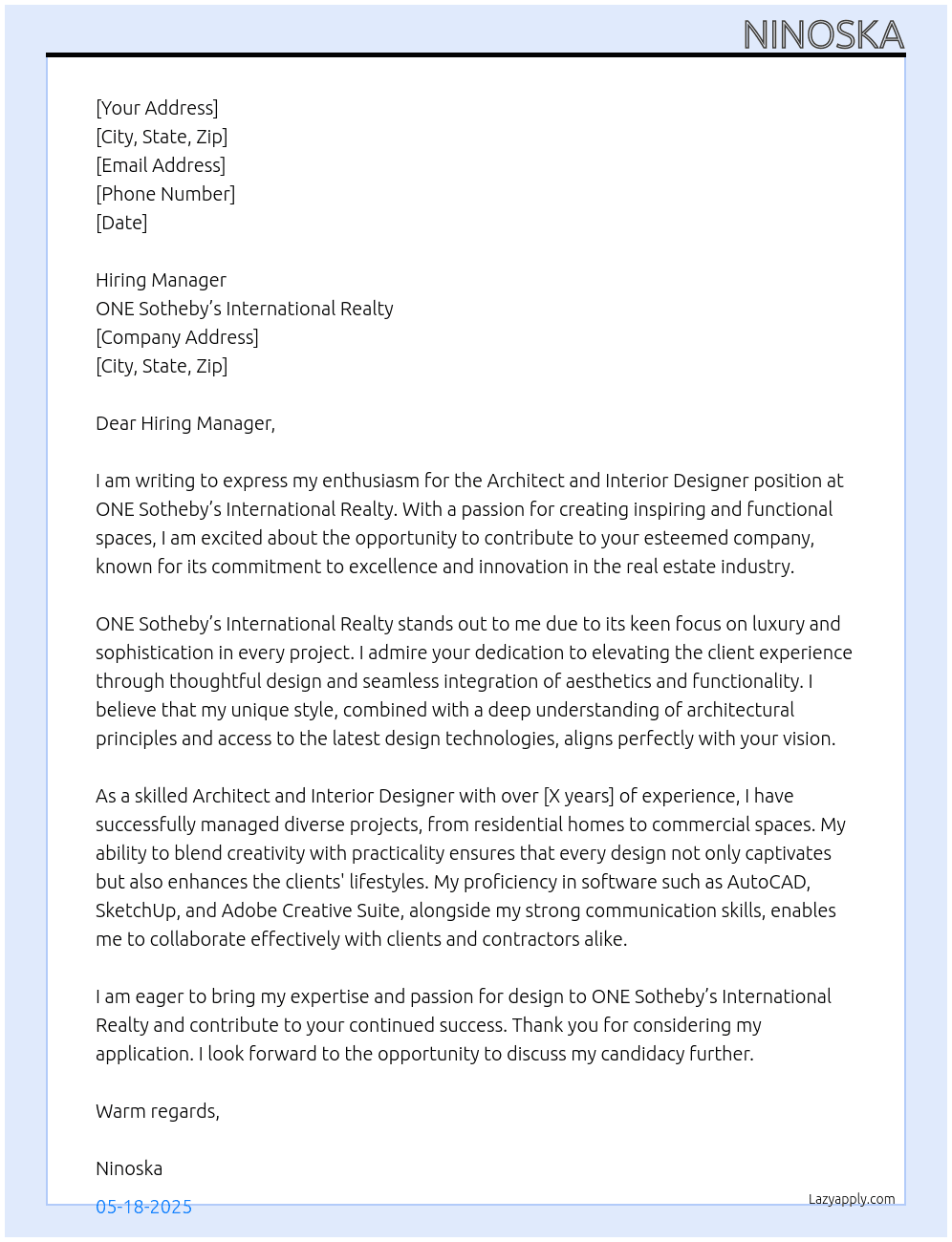 Architect and Interior Designer At ONE Sotheby’s International Realty Cover Letter