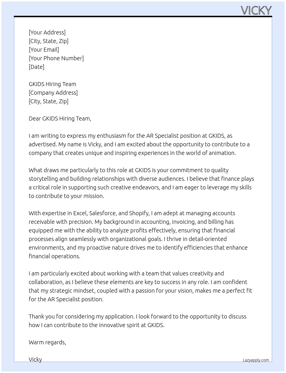 AR Specialist At GKIDS Cover Letter