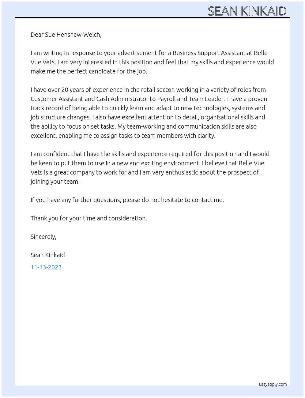 Business Support Assistant enquiry At Belle Vue Vets Cover Letter